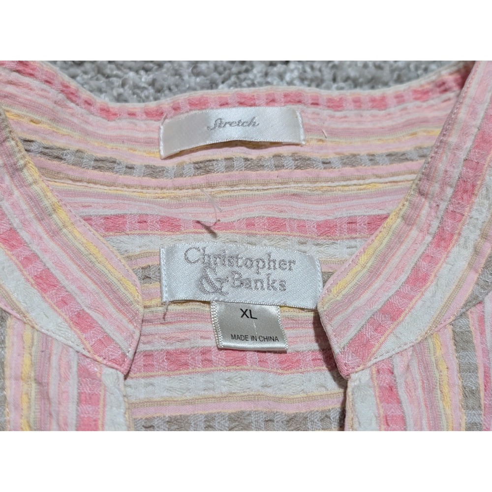 Christopher Banks Womens Striped Stretch Button Front Shirt XL Pink Beige Yellow - Picture 2 of 6